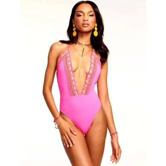 Ramy Brook Swimsuit L NWT Angela Plunge Crochet One Piece NWT $258 - Picture 1 of 8
